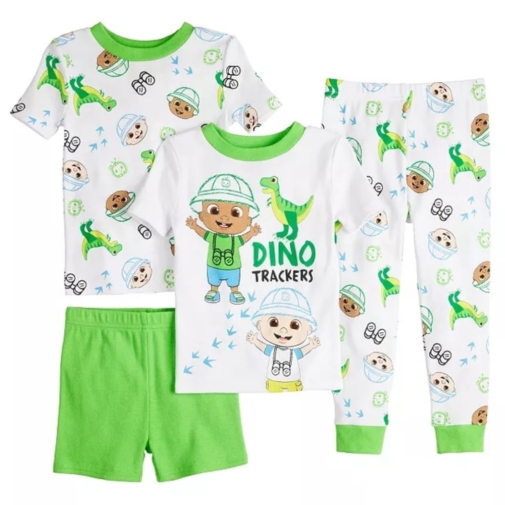 CoComelon "Dino Trackers" 4 Piece Toddler Pajama Set Size 5T Green White EUC